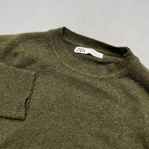 Zara Knit Sweater Lambswool Olive Green Fisherman Cottage‎ core Long Sleeve Med
